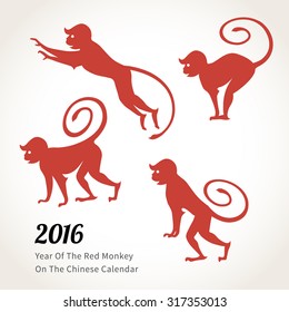 Vector illustration of monkey, symbol of 2016 on the Chinese calendar. Silhouettes of red monkeys. Vector element for New Year's design. Image of 2016 year of Red Monkey.