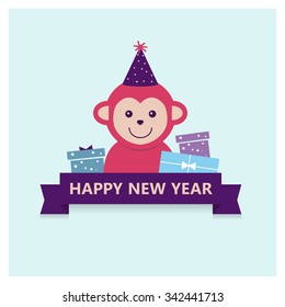 Vector illustration of monkey, symbol of 2016 on the Chinese calendar. Cute monkey with gifts and ribbon on blue background. Vector element for New Year's design. Image of 2016 year of Red Monkey.