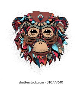 Vector illustration of a monkey, a symbol of New Year 2016. Vector head of an animal, with ethnic motifs. Sketch of tattoo print on a T-shirt or a greeting card.