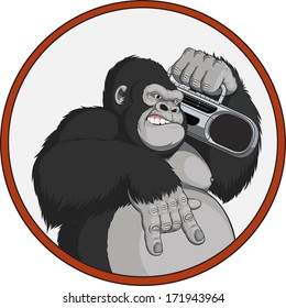 Vector illustration: monkey with a tape recorder
