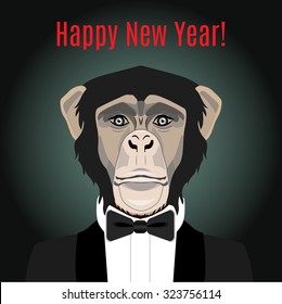 Vector Illustration Of A Monkey In A Tuxedo. New Years Greting Card, Party Invitation, Poster, Tshirt Print. Chinese Astrology Sign 2016.