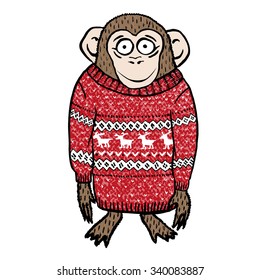 Vector  illustration of a monkey wearing reindeer sweater. Hand drawn holiday clip art. Winter greeting card. 