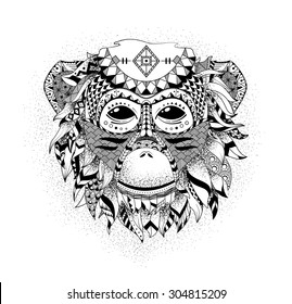 Vector illustration of a monkey in zentangle style. The head of a monkey in ethnic style as a totem to print.