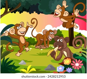 Vector illustration of Monkeys in the Forest