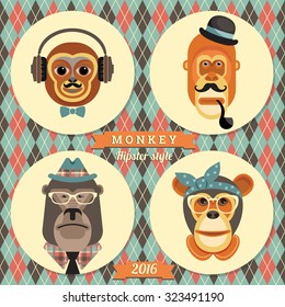 Vector illustration of monkeys, symbol of 2016. Trendy hipster style. Element for New Year's design. Image of 2016 year of the monkey.