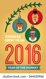 Vector illustration of monkeys, symbol of 2016. Trendy hipster style. Element for New Year's design. Image of 2016 year of the monkey.