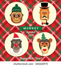 Vector illustration of monkeys, symbol of 2016. Trendy hipster style. Element for New Year's design. Image of 2016 year of the monkey.