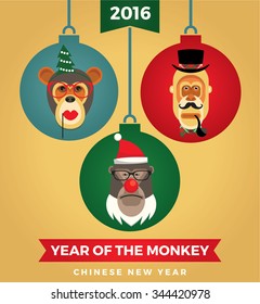 Vector illustration of monkeys, symbol of 2016. Trendy hipster style. Element for New Year's design. Image of 2016 year of the monkey.