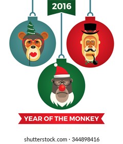 Vector illustration of monkeys, symbol of 2016. Trendy hipster style. Element for New Year's design. Image of 2016 year of the monkey.