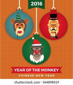 Vector illustration of monkeys, symbol of 2016. Trendy hipster style. Element for New Year's design. Image of 2016 year of the monkey.