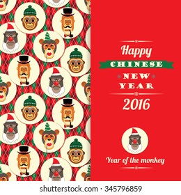 Vector illustration of monkeys, symbol of 2016. Trendy hipster style. Element for New Year's design. Image of 2016 year of the monkey.