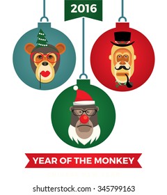 Vector illustration of monkeys, symbol of 2016. Trendy hipster style. Element for New Year's design. Image of 2016 year of the monkey.