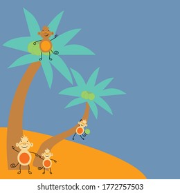 Vector illustration of monkeys, two coconut trees with coconuts on an island with blue background. Happy monkeys picking coconuts