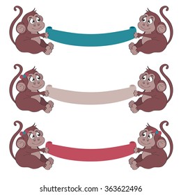 Vector illustration of monkeys.They holding a banner in their hands. vector set of red, blue, beige ribbons for your text. Isolated on white background