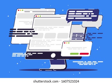 Vector illustration of a monoblock with many open Internet Windows, links to Internet resources, clouds for chatting