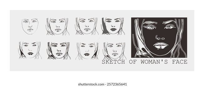 Vector illustration of monochromatic female face sketch with expressive lines