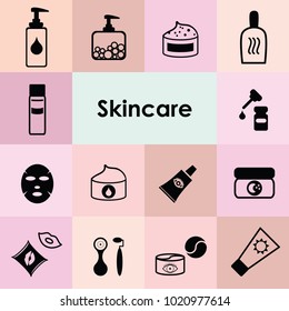 vector illustration of monochromatic icons for skincare with cosmetic products and makeup tools