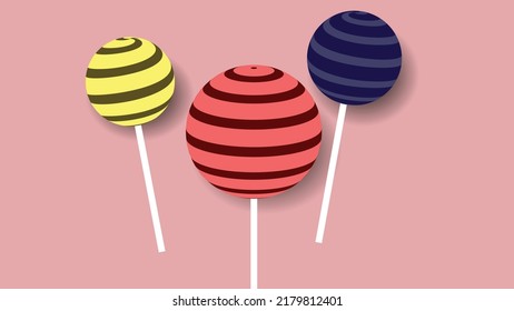 Vector illustration with monochrome background. Pastel. Three lollipops. Shading behind the object. Lollipops with stripes. Sweets, food, sugar, obesity, lifestyle. Childhood.