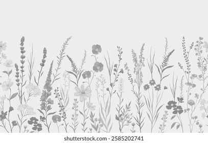 vector illustration of monochrome background with various wildflowers and delicate plants, seamless from right to left