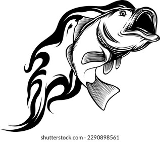 vector illustration of monochrome bass fish with flames