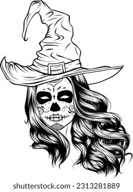vector illustration of monochrome beautiful makeup skull witch in a classic hat