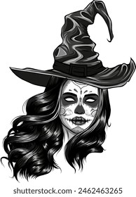 vector illustration of monochrome beautiful makeup skull witch in a classic hat