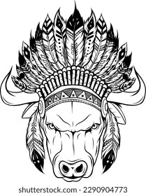 Vector illustration of Monochrome Bison with feathers.