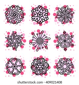 Vector illustration of monochrome black round set of mandala with red and pink spot on white background. Hand drawn flat thin line art design for card,cloth,fabric,invitation,book,wedding,logo,tattoo