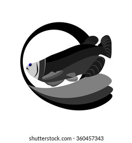a vector illustration of a monochrome , blue eyed fish, with water waves and sun as a background 