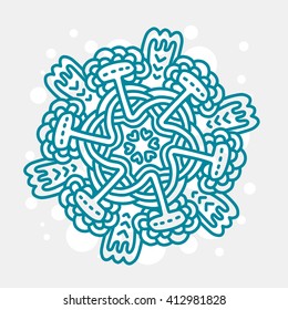 Vector illustration of monochrome blue round mandala on gray background. Hand drawn flat thin line art design for card, cloth, fabric, invitation, book, serviette, wedding, logo, tattoo, medallion