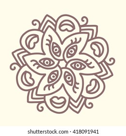 Vector illustration of monochrome brown round mandala on light background. Hand drawn flat thin line art design for card, cloth, fabric, invitation, book, serviette, wedding, logo, tattoo, medallion