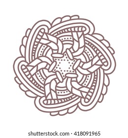 Vector illustration of monochrome brown round mandala on light background. Hand drawn flat thin line art design for card, cloth, fabric, invitation, book, serviette, wedding, logo, tattoo, medallion 