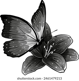 Ilustración vectorial de mariposa monocroma en flor