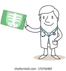 Vector illustration of a monochrome cartoon character: doctor with one hand in his pocket holding up x-ray image of a torso (JPEG version also available).