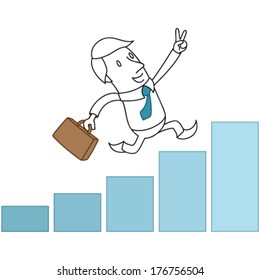 Vector illustration of a monochrome cartoon character: Eager businessman with victory gesture running on growing bar chart (JPEG version also available).