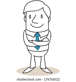 Vector illustration of a monochrome cartoon character: Friendly and confident looking businessman standing with crossed  (JPEG version also available).