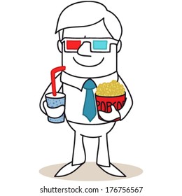 Vector illustration of a monochrome cartoon character: Smiling man wearing 3D glasses and holding popcorn and soda in his hands (JPEG version also available).