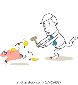Vector illustration of a monochrome cartoon character: Businessman with hammer chasing after his piggy bank.