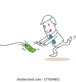 Vector illustration of a monochrome cartoon character: Businessman chasing after banknote tied to a string.