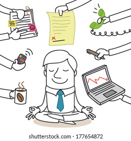 Vector illustration of a monochrome cartoon character: Calm businessman doing yoga while paperwork chaos is surrounding him.