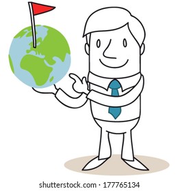 Vector illustration of a monochrome cartoon character: Friendly businessman pointing at and holding a globe with a marked spot.