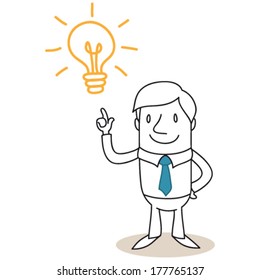 Vector illustration of a monochrome cartoon character: Businessman pointing at light bulb having a great idea.