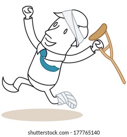 Vector illustration of a monochrome cartoon character: Injured businessman with head bandages and broken foot jumping happily.