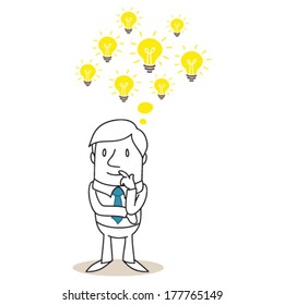 Vector illustration of a monochrome cartoon character: Pondering businessman with several light bulbs having ideas.