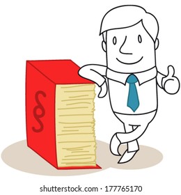 Vector illustration of a monochrome cartoon character: Confident lawyer leaning against huge statute book.