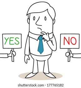 Vector illustration of a monochrome cartoon character: Pondering businessman trying to make up his mind whether to pick YES or NO.