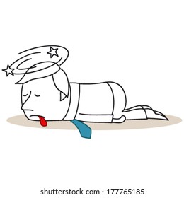 Vector Illustration Of A Monochrome Cartoon Character: Unconscious/Knocked Out Businessman Lying On The Floor.