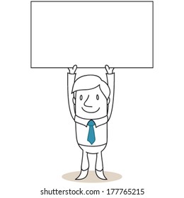 Vector illustration of a monochrome cartoon character: Smiling businessman holding up blank sign.