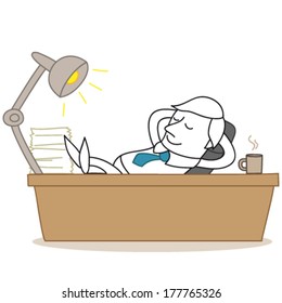 Vector illustration of a monochrome cartoon character: Idle businessman relaxing at the office with his feet on the desk.