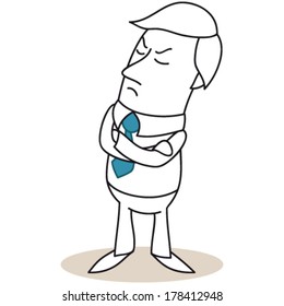Vector illustration of a monochrome cartoon character: Offended businessman with crossed arms.